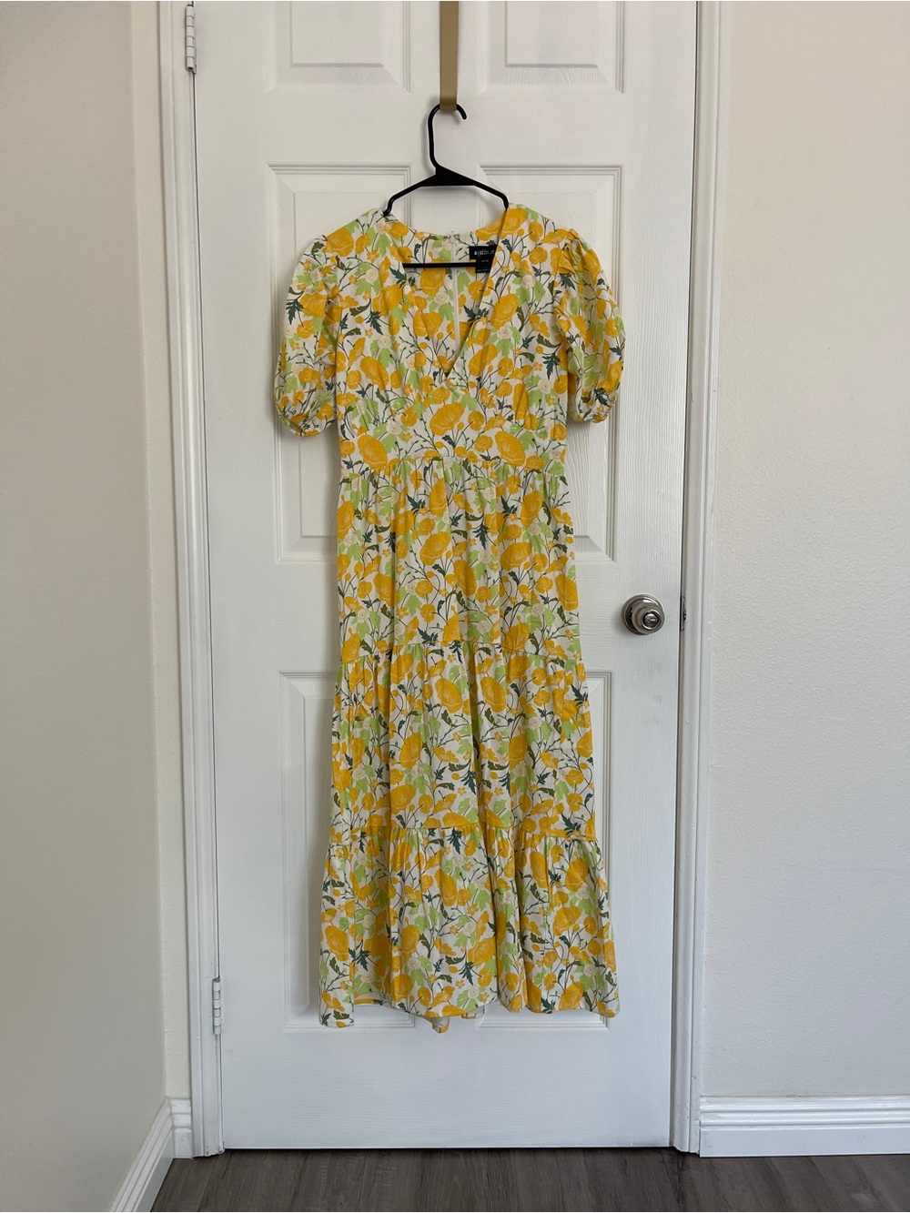 Yellow Floral V-Neck Midi Dress